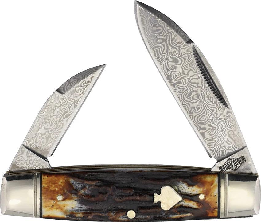 Rough Rider Senator Cinnamon Bone Damascus Knife With Dual Damascus Spears And Sheepsfoot Blades For Collectors by Rough Rider