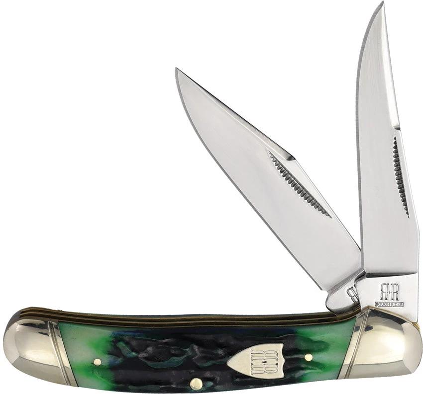 Rough Rider Bluegill Copperhead Knife With Jigged Blue Green Bone Handle And Mirror Clip Skinner Blades For Collectors by Rough Rider