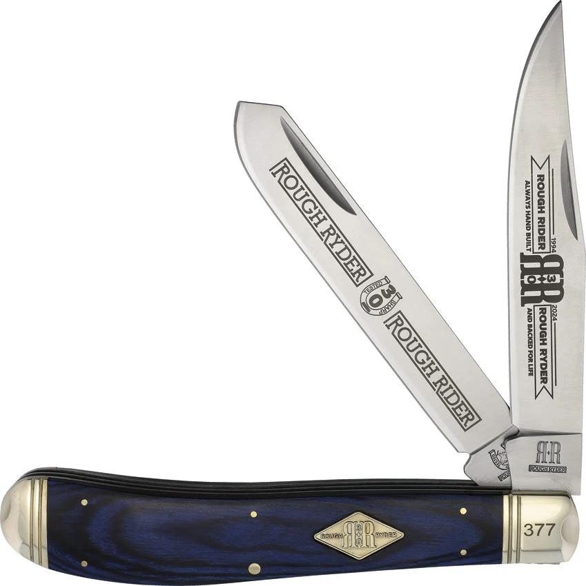 Rough Rider 30th Anniversary Collectors Edition 8 Inch Trapper Knife Satin Clip And Spey Blades Blue Pakkawood Handle by Rough Rider