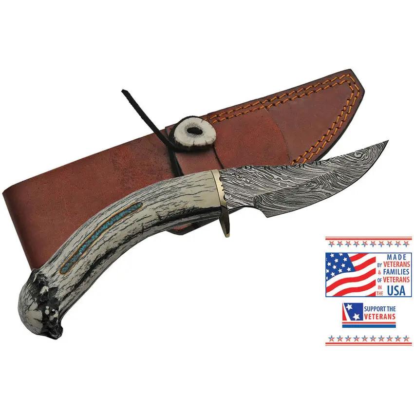 Rite Edge USA Damascus Skinner Knife RU-DHDMB1 - 4 Inch Damascus Blade, Deer Horn Handle With Kingman Turquoise Inlay by Rite Edge USA