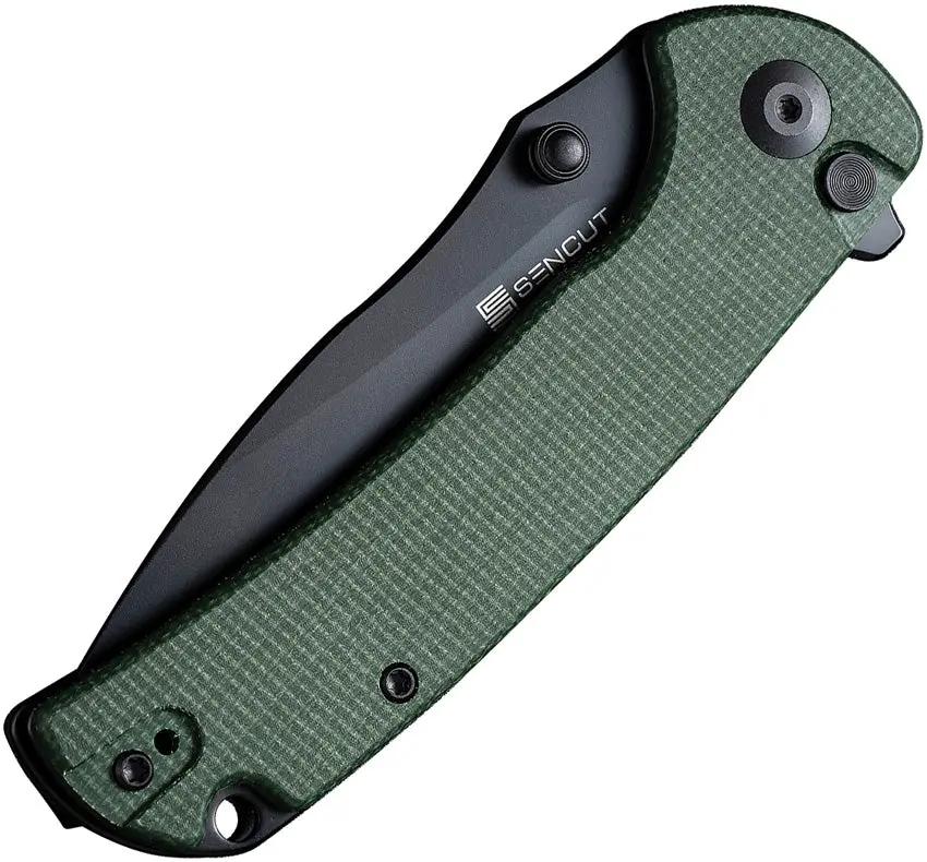 SENCUT Pulsewave Button Lock Folding Knife Green Canvas Micarta Handle - Smooth One Hand Deployment by SENCUT
