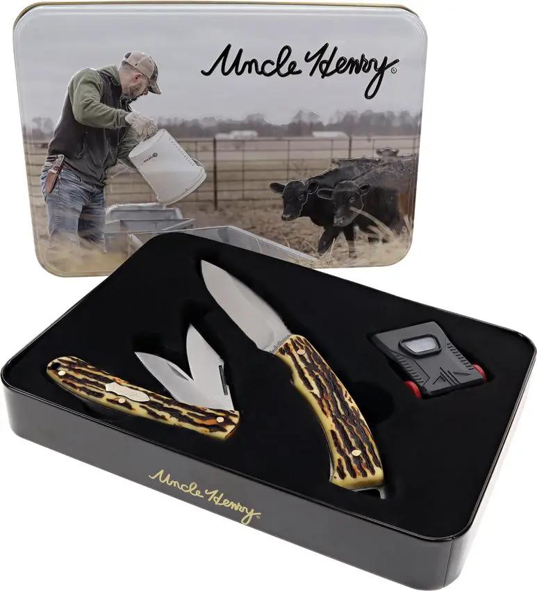 Schrade UH Fixed and Folder Combo Knife Set - Satin Blade Staglon Handle For Outdoorsmen Gift Tin by Schrade