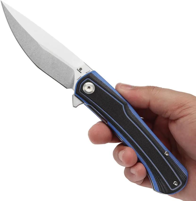 Tenable Knives Kratos Linerlock - Nitro V Steel Drop Point Blade With Black Blue G10 Handle And Extended Tang by Tenable Knives