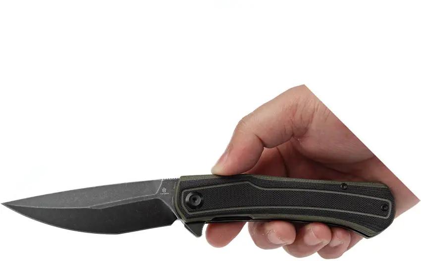 Tenable Knives Kratos Linerlock - Nitro V BlackWash Drop Point Blade With Black And Green G10 Handle by Tenable Knives
