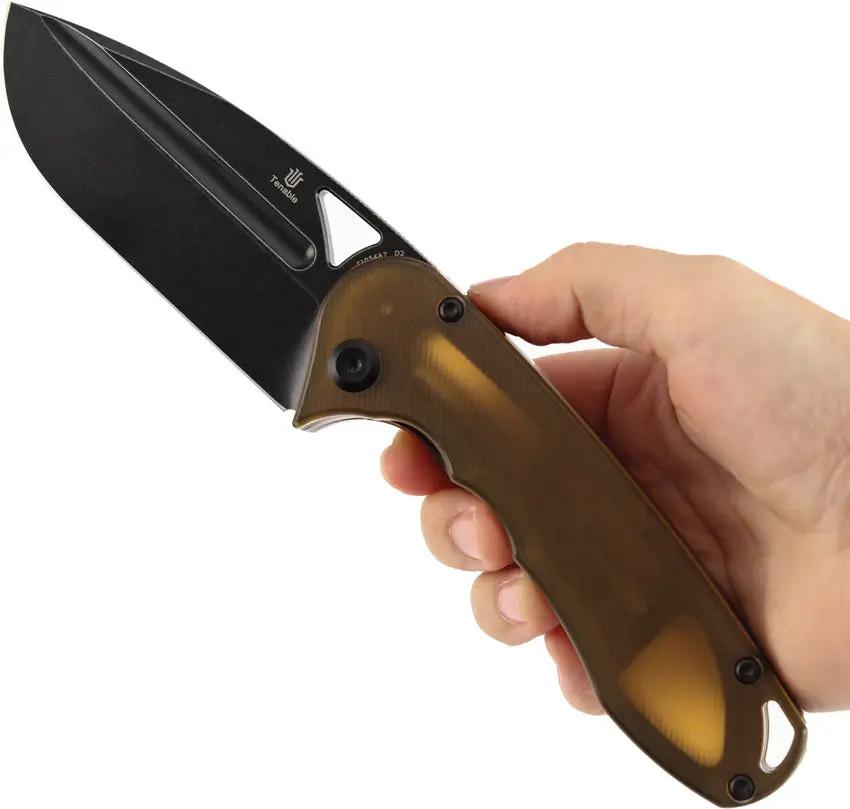 Tenable Knives Bombur Linerlock Amber PEI - D2 BlackWash Drop Point Blade With Thumb Pull And Pocket Clip by Tenable Knives
