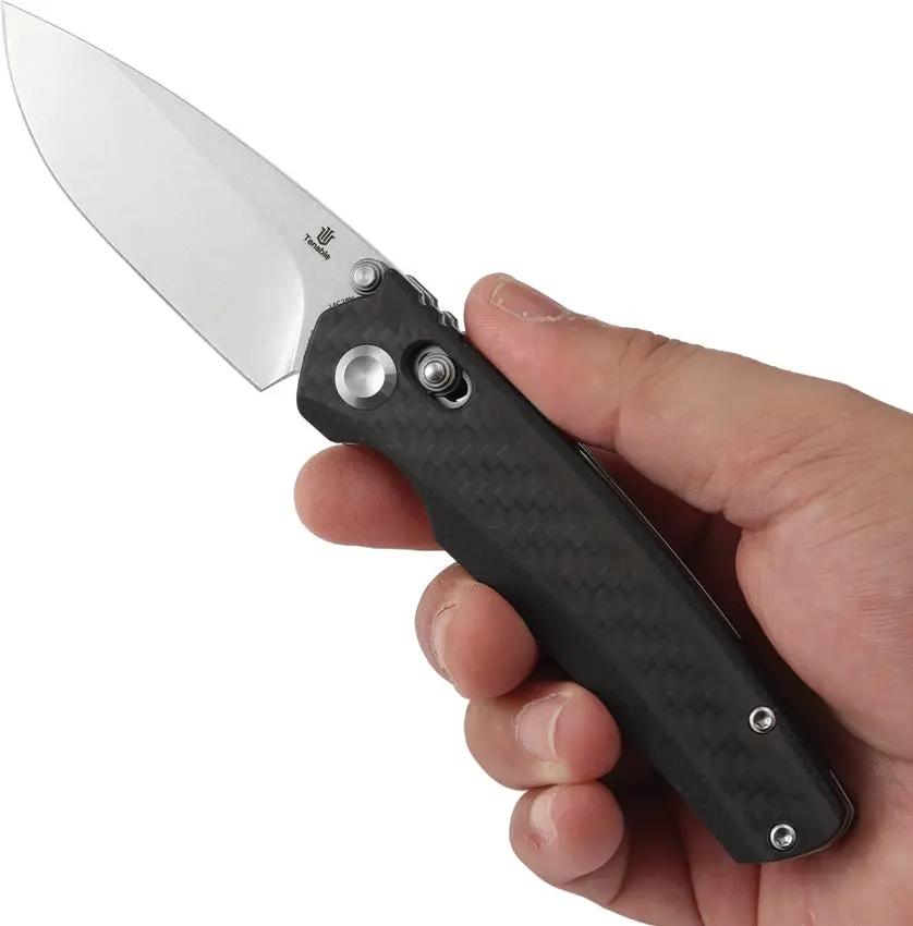 Tenable Knives Raven Crossbar Lock Twill CF - 14C28N Sandvik Drop Point Blade, Black G10 With Twill Carbon Fiber Onlay by Tenable Knives