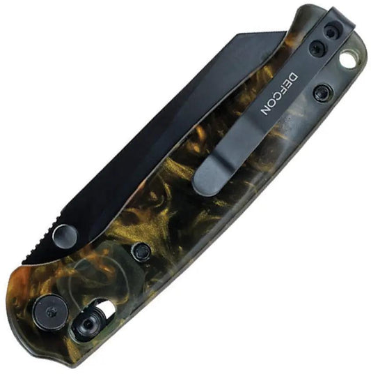 Defcon Artifact Axis Lock Knife - Black And Gold Marble Resin Handle 4 Inch Closed by Defcon