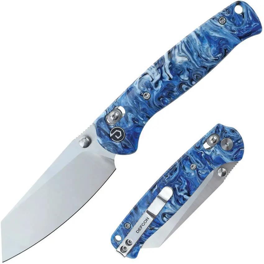 Defcon Artifact Axis Lock - Blue White Marble Epoxy Resin Handle 14C28N Stainless Brushed Blade by Defcon