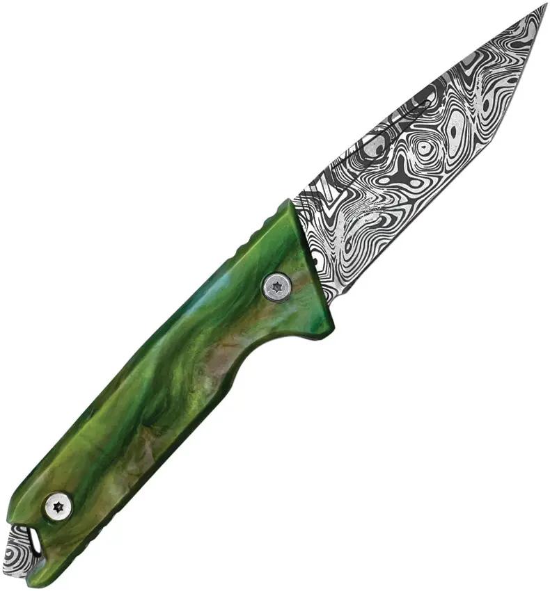 Takumitak Bloodstrike Fixed Blade Green Glow Handle With Acid Etched Damascus Pattern Blade by Takumitak