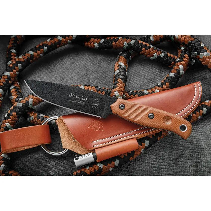 TOPS Baja 4.5 Reserve Edition Knife For Outdoor Survival Enthusiasts, 4.88 Inch Black Coated Blade, Tan Micarta Handle by Black Country Outdoor