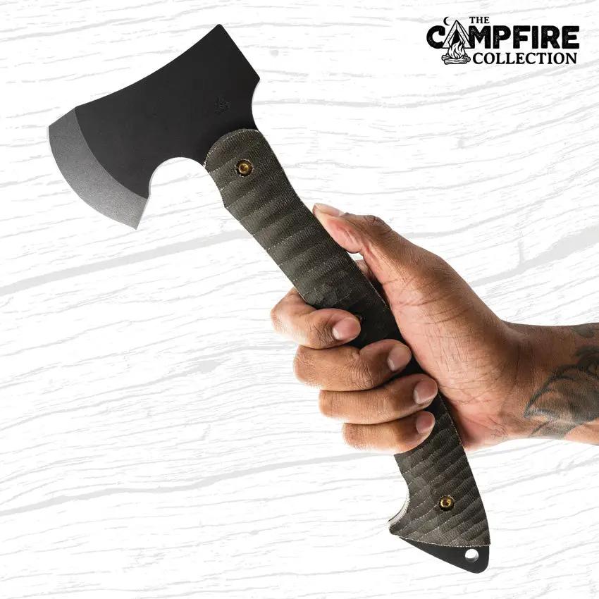 Toor Campfire Camp Axe - 12 Inch Overall With D2 Tool Steel Head And 3 Inch Cutting Edge Green Canvas Micarta Handle by Toor