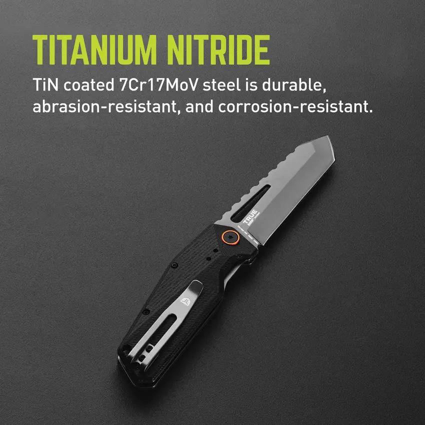 True Berm Tanto Linerlock Knife - Gray TiNi Coated 7Cr17MoV Blade With Black G10 Handle by TRUE