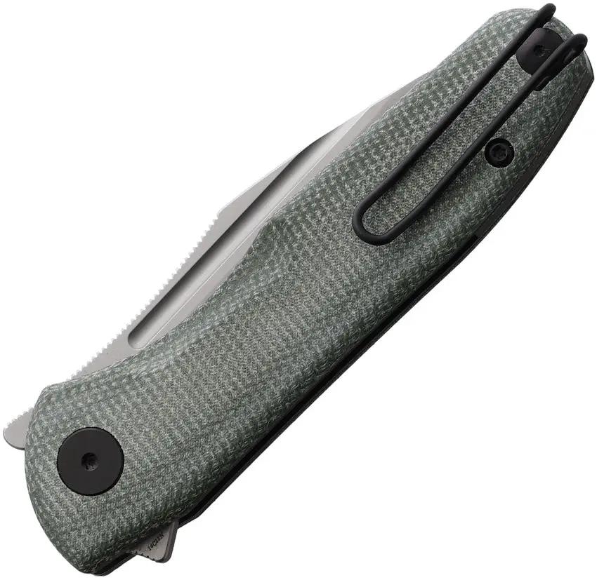 Trivisa Antliae Button Lock Knife Od TY22 GM 14 Extended Tang Sandvik 14C28N Blade Green Canvas Micarta Handle by TRIVISA