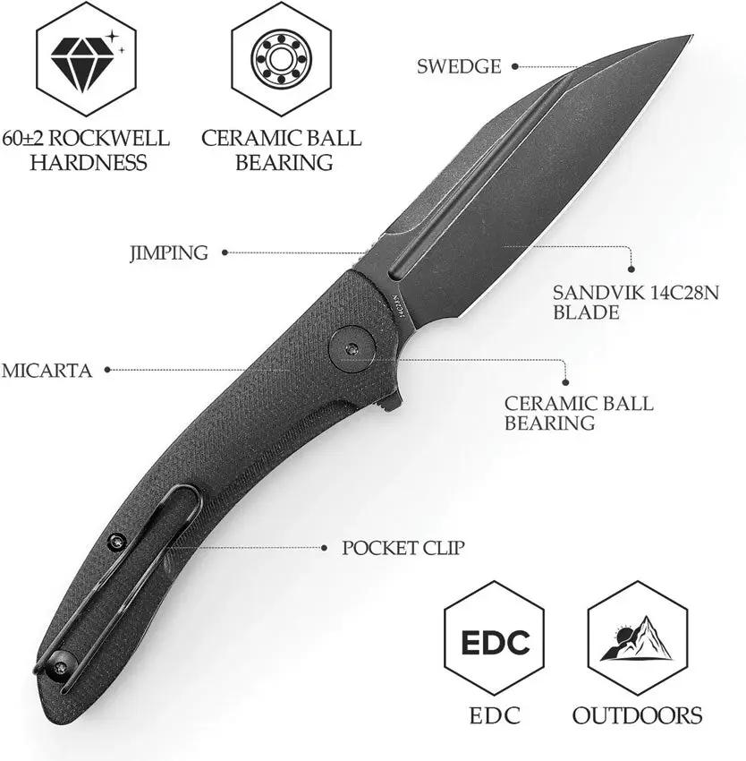 Trivisa Cuckoo Linerlock Black - EDC Folding Knife With 14C28N Steel Blade And Micarta Handle by TRIVISA