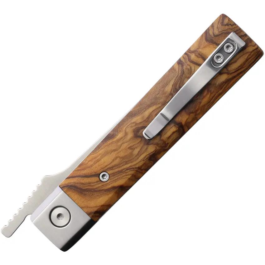Trivisa Dolphin Linerlock Olive Wood Handle Knife Four And A Quarter Inch Closed Satin 14C28N Blade by TRIVISA