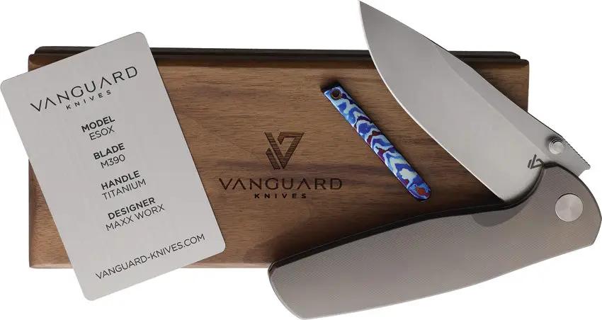 Vanguard ESOX Framelock Gray - 4.5 Inch Closed Bohler M390 Blade, Textured Titanium Handle, Timascus Pocket Clip by Vanguard