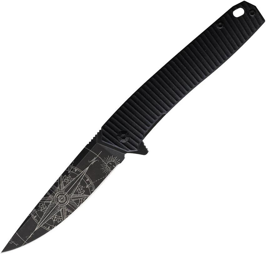 3V Gear Compass Knife React Linerlock For EDC Enthusiasts With Black G10 Handle And Compass Artwork by 3V Gear