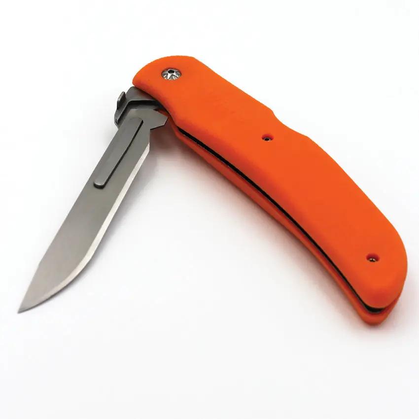 Wiebe Knives Tala Scalpel Lockback DS26 LARG WS - 6 In Closed Stainless Blade Orange Handle With Thumb Disk And 3 Blades by Wiebe Knives