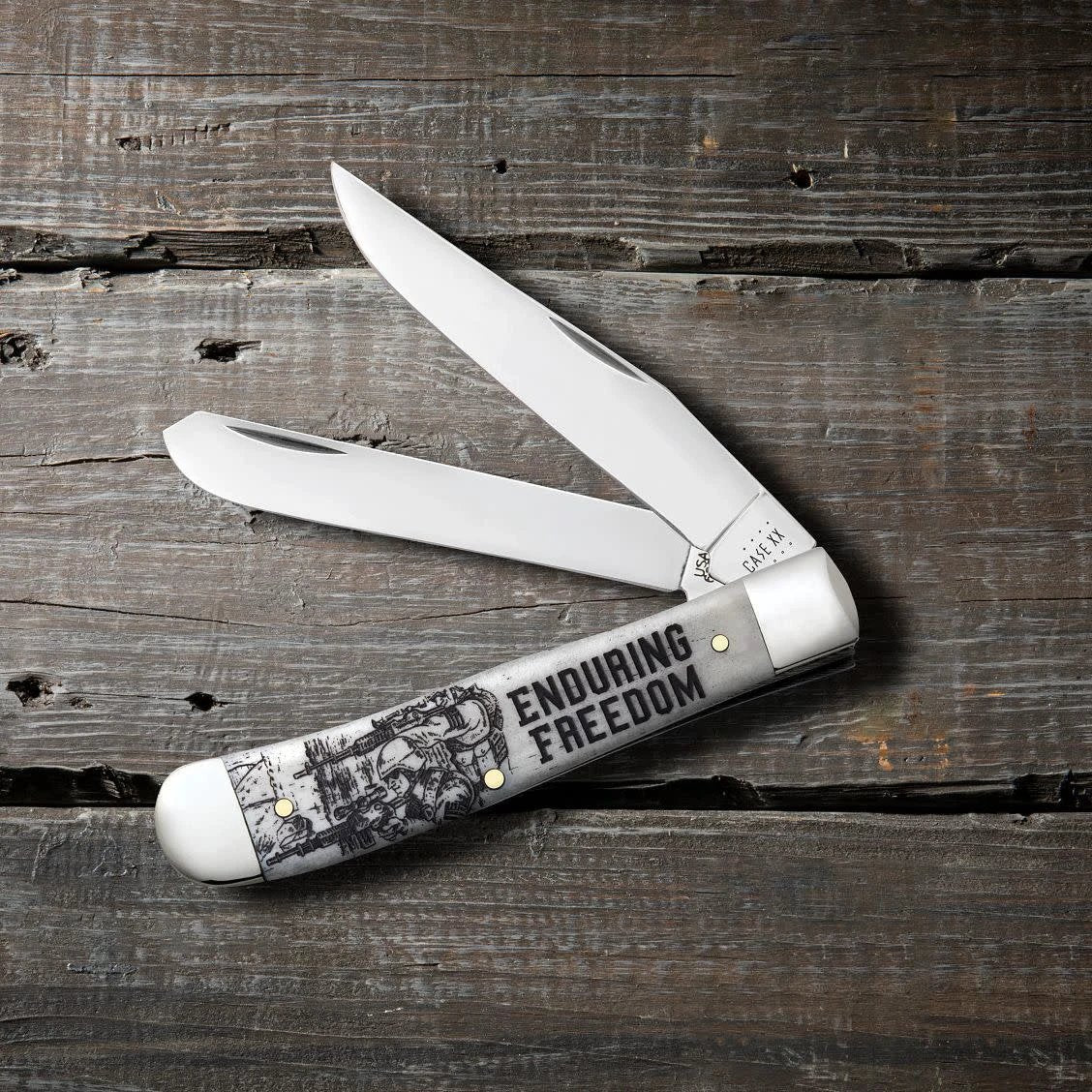 Case Cutlery War Series Enduring Freedom Embellished Smooth Natural Bone Trapper Knife by Case Cutlery