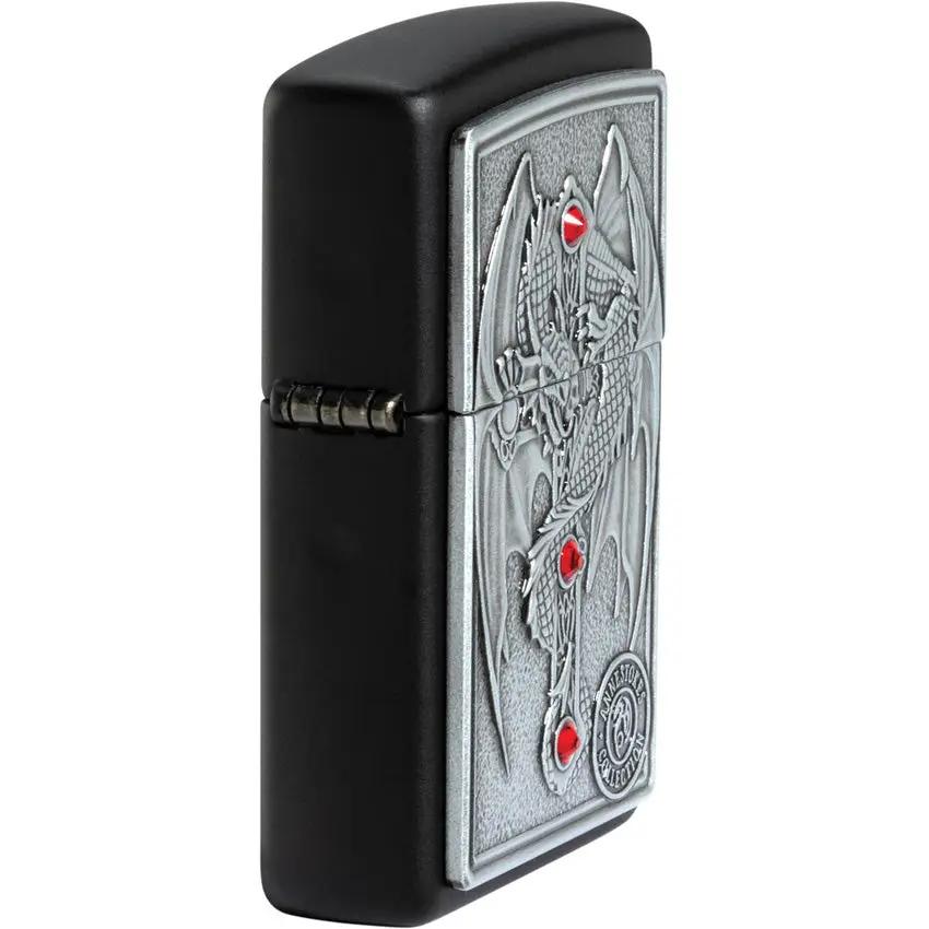 Zippo Winged Dragon Cross Lighter - Licensed Anne Stokes Black Matte Finish With Jewelled Emblem by Zippo