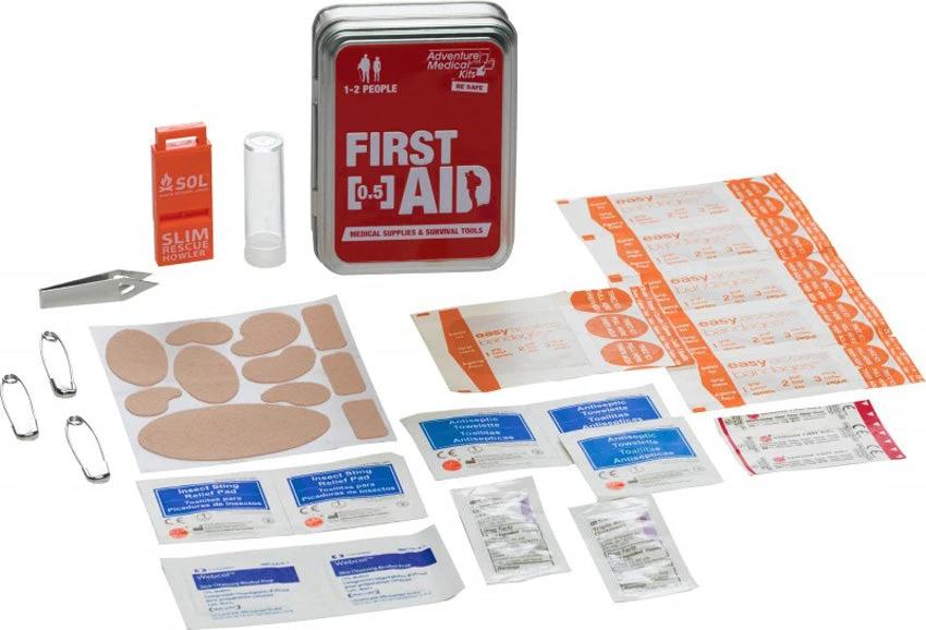Adventure Medical First Aid Tin Compact Outdoor Survival Kit For Hiking And Camping With Whistle Bandages And Moleskin by Adventure Medical