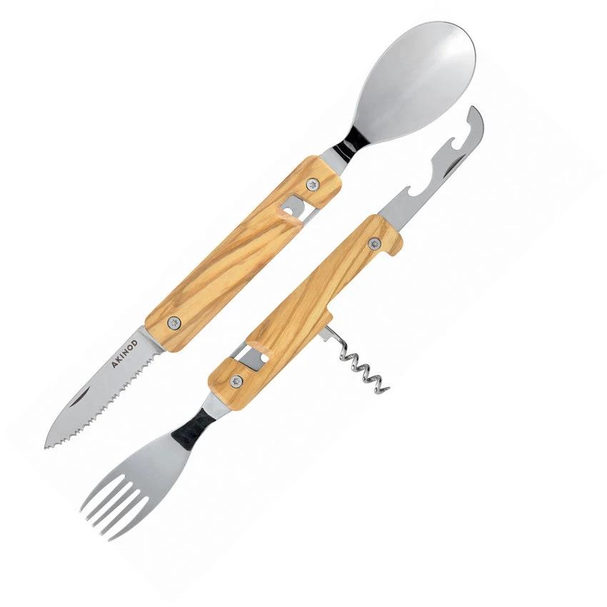 Akinod Magnetic Folding Cutlery Set With Olive Wood Handle 7 Inch Portable Camping Utensils Boxed by Akinod