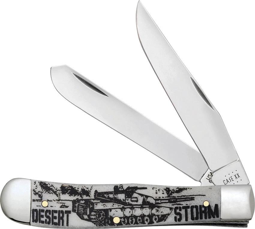 War Series Desert Storm Embellished Smooth Natural Bone Trapper Knife by Case Cutlery