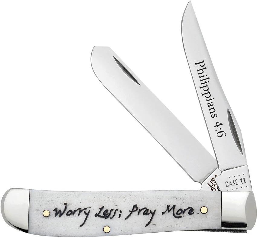 Religious Sayings “Worry Less, Pray More” Natural Bone Mini Trapper by Case Cutlery