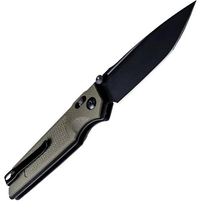 Real Steel Sacra TAC Crossbar Lock Folding Knife 3 Inch Black PVD Premium K110 Tool Steel Tanto Blade OD Green G10 EDC by Real Steel