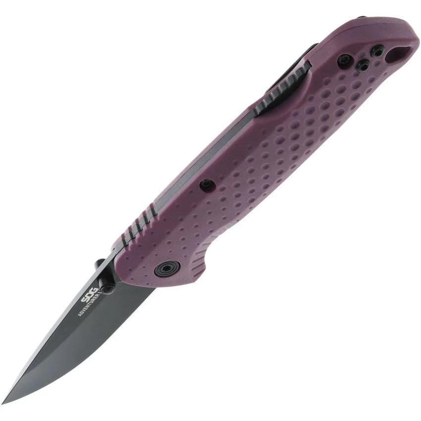 SOG Adventure Lockback Knife Purple Handle 3 In Black PVD Blade For Outdoor EDC Enthusiasts by SOG