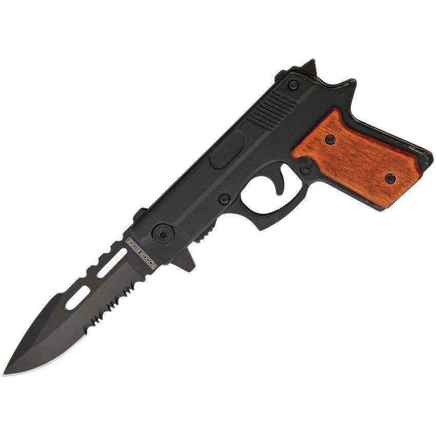 Rough Rider Pistol Knife Assisted Opening With 3 Inch Serrated Blade And Wood Grip For Outdoor Enthusiasts by Rough Rider