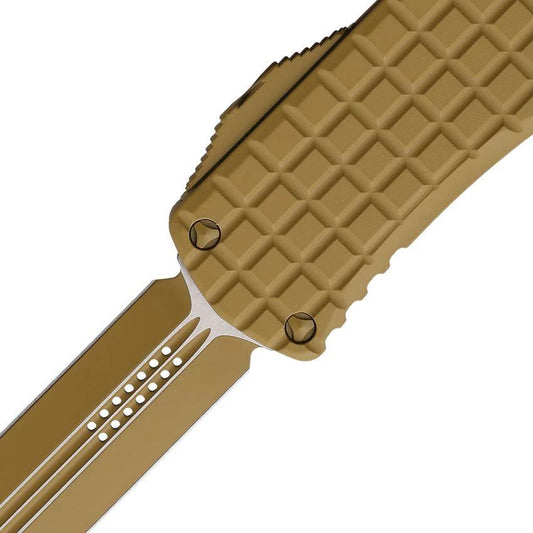 Microtech Auto Hera OTF Knife Desert Tan Cerakote Frag Pattern Aluminum Handle 3In Double Edge Blade For Tactical Pros by Microtech