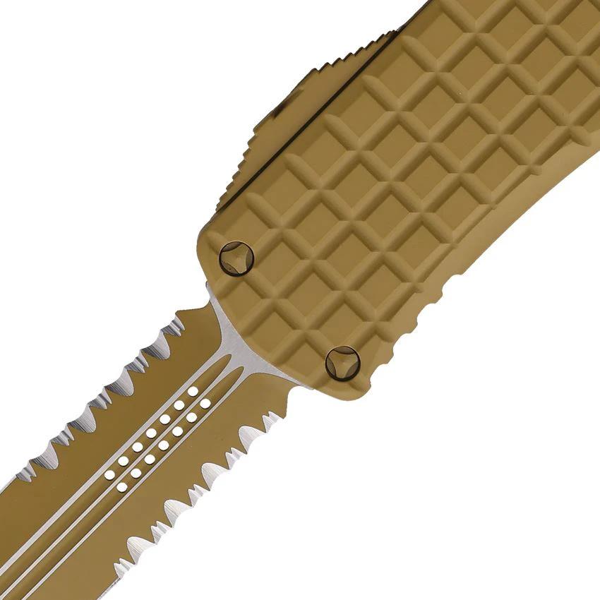 Microtech Hera OTF Knife Auto Opening Desert Tan Frag Pattern Aluminum Handle 3 Inch Serrated Blade For EDC Enthusiasts by Microtech