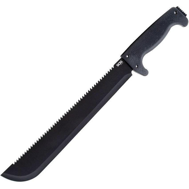 SOG SogFari Machete Eighteen And Three Quarter Inch Sawback Blade Kraton Handle Belt Sheath For Outdoor Enthusiasts by SOG