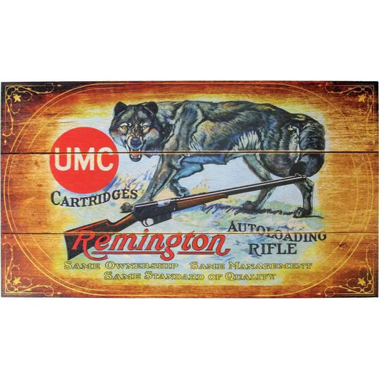 Remington UMC Cartridges Wolf Wood Sign Rustic Cabin Wall Art For Hunters And Cabin Decor by Remington