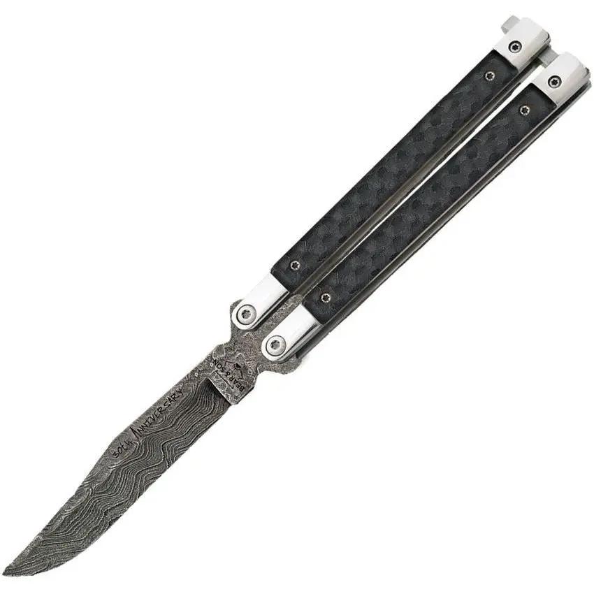 Bear And Son Butterfly Knife Carbon Fiber Handle Damascus Clip Point Blade For Collectors And Flippers by Bear & Son