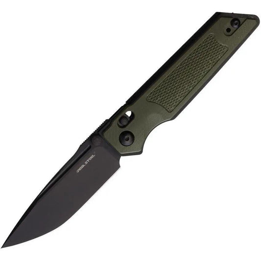 Real Steel Sacra TAC Crossbar Lock Folding Knife 3 Inch Black PVD Premium K110 Tool Steel Tanto Blade OD Green G10 EDC by Real Steel