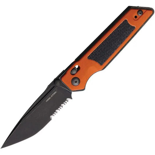 Real Steel Sacra TAC Crossbar Lock Folding Knife 4In Closed 3In Black PVD K110 Tanto Blade Orange G10 Handle For EDC by Real Steel