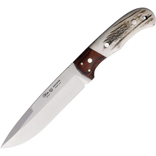 Nieto Coyote Fixed Blade Knife 6In Satin Blade Stainless Full Tang Deer Horn Handle For Outdoorsmen Leather Belt Sheath by Nieto