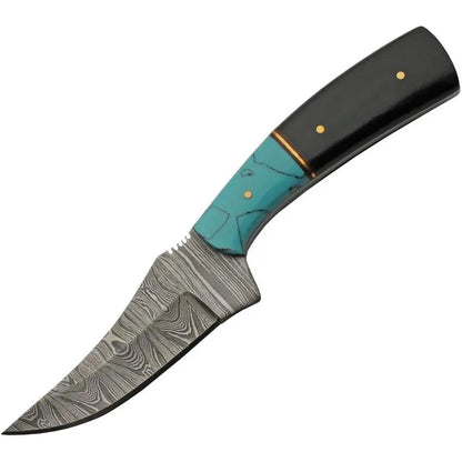 Damascus Turquoise Trailing Point Knife DM 1401 - Full Tang With Turquoise Resin And Buffalo Horn Handle by Damascus