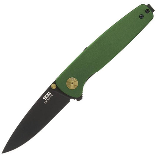 SOG Twitch III Linerlock Assisted Opening Folding Knife for EDC Green Aluminum Handle 154CM Blade Thumb Stud Pocket Clip by SOG