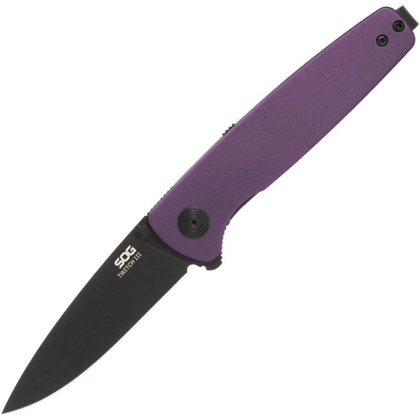 SOG Twitch III Linerlock Assisted Opening Folding Knife 3 Inch Blade For EDC Enthusiasts Purple Aluminum Handle by SOG
