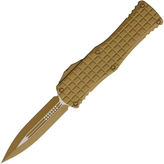 Microtech Auto Hera OTF Knife Desert Tan Cerakote Frag Pattern Aluminum Handle 3In Double Edge Blade For Tactical Pros by Microtech