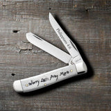 Religious Sayings “Worry Less, Pray More” Natural Bone Mini Trapper by Case Cutlery