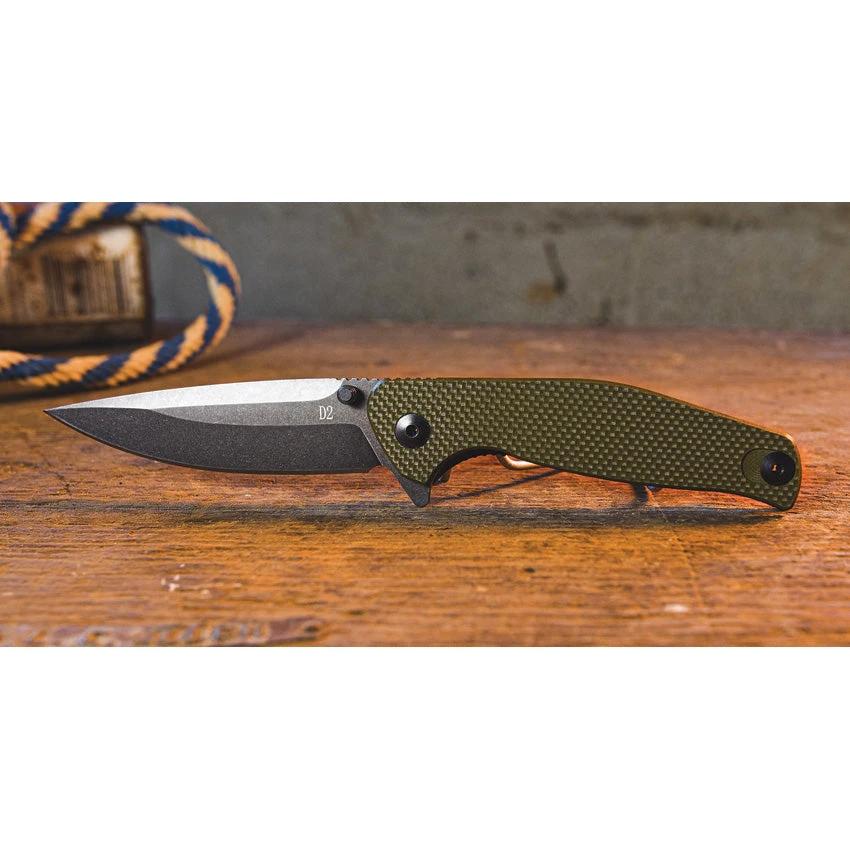 ABKT Tac Catalyst Linerlock AB1026G Folding Knife Stonewash D2 Blade Green G10 Handle 4.5 Inch Closed 3.5 Inch by ABKT TAC