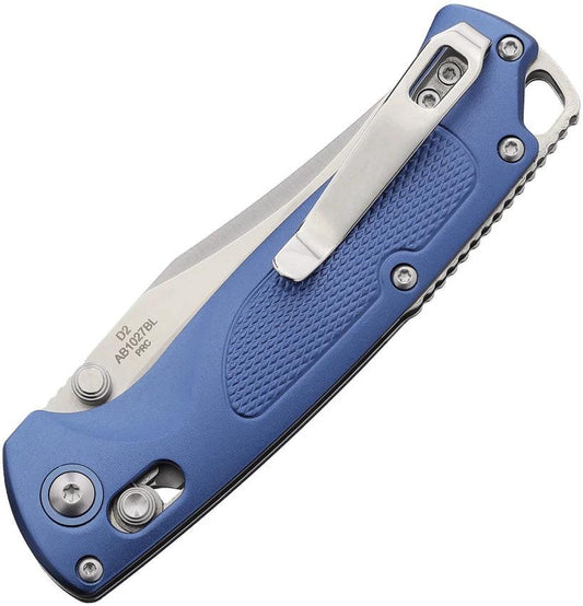 ABKT Tac Siege Slide Lock Knife Blue AB1027BL 4.25in Closed, 3.25in D2 Satin Clip Point Blade, Blue Aluminum Handle by ABKT Tac