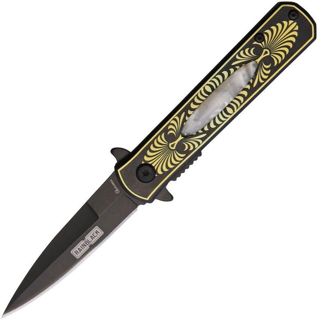 Albainox Rainblack Linerlock Assisted Opening Knife 4in Closed, 3in Blade, Black Stainless, Pearl Inlay, EDC Gear by Albainox