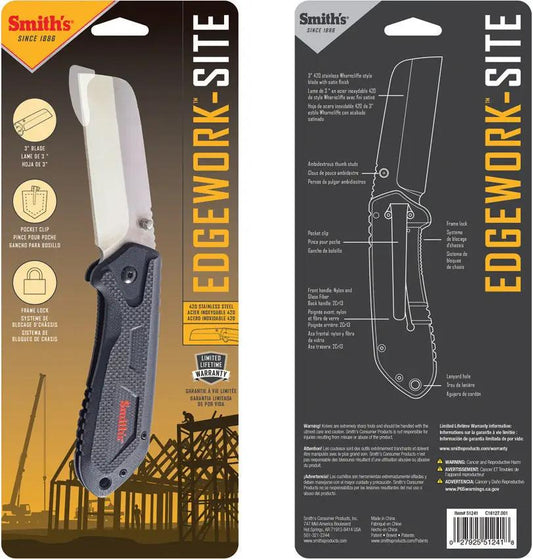 Smiths Sharpeners Edge Work-Site Framelock Knife For Tradesmen 4.5in Closed 3in Satin Wharncliffe by Smith's Sharpeners