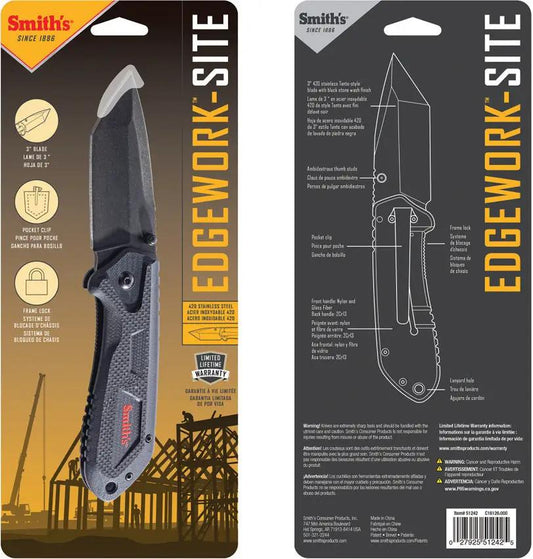 Smith's Sharpeners Edge Work-Site Framelock Knife For Professionals With 3in Black Stonewash Tanto Blade by Smith's Sharpeners