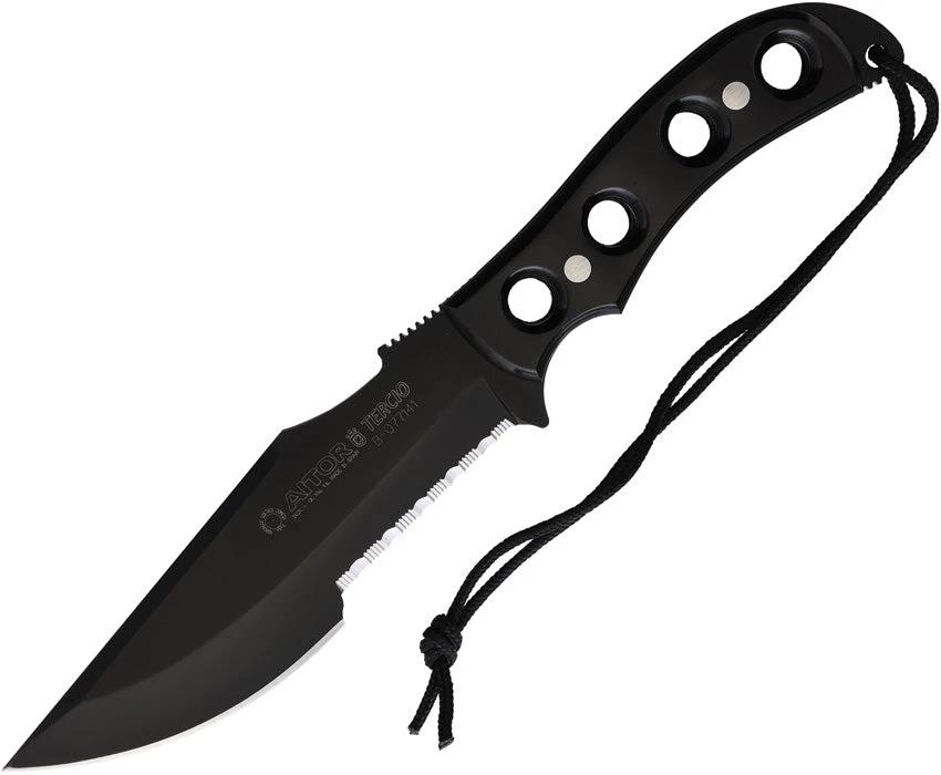 Aitor Tercio Fixed Blade Knife For Outdoor Survivalists Rugged Black Coated Partially Serrated Stainless Full Tang by Aitor